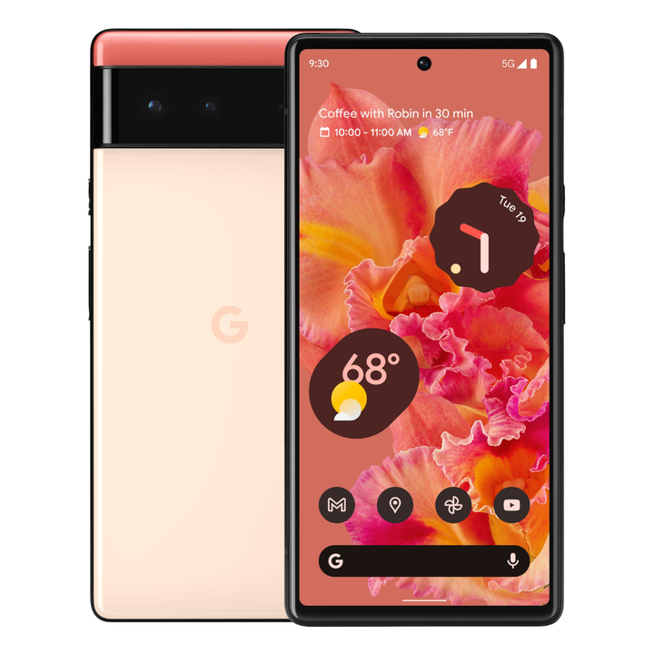 Google Pixel 6 corail remis à neuf, vue avant et arrière