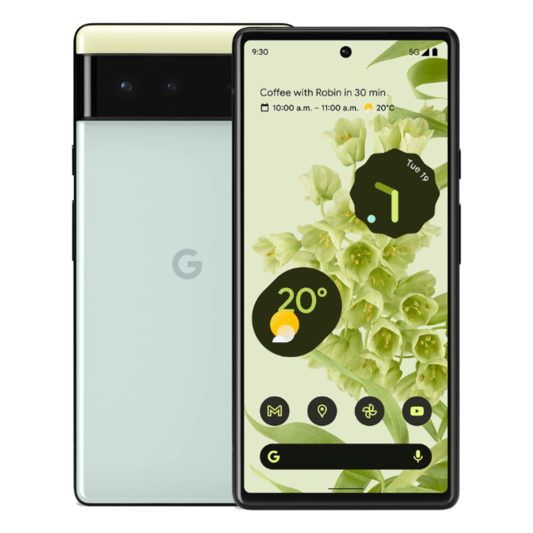 Google Pixel 6 vert remis à neuf, vue avant et arrière