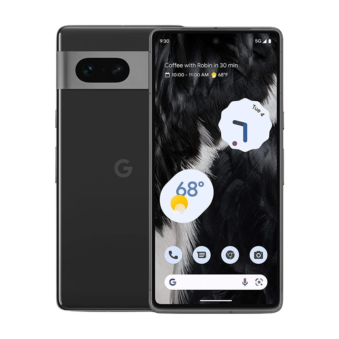 Google Pixel 7 noir remis à neuf, vue avant et arrière