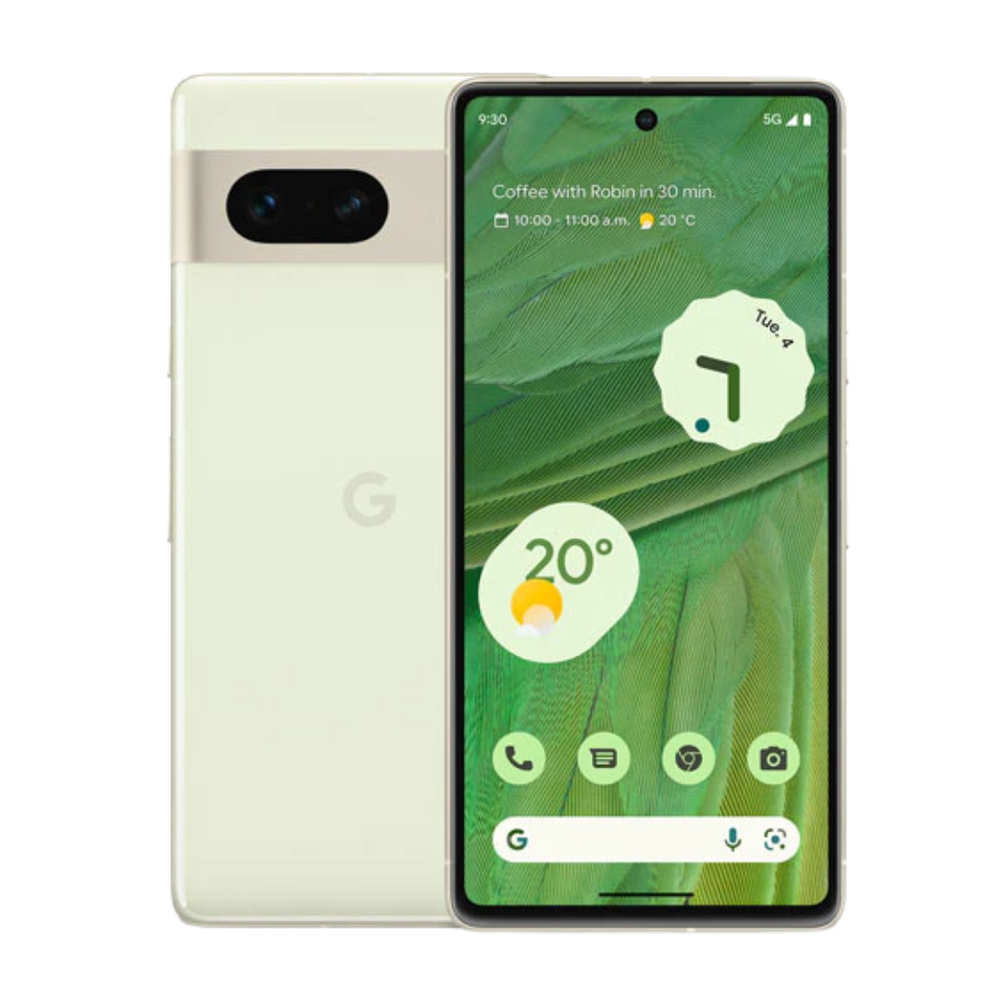 Google Pixel 7 vert remis à neuf, vue avant et arrière
