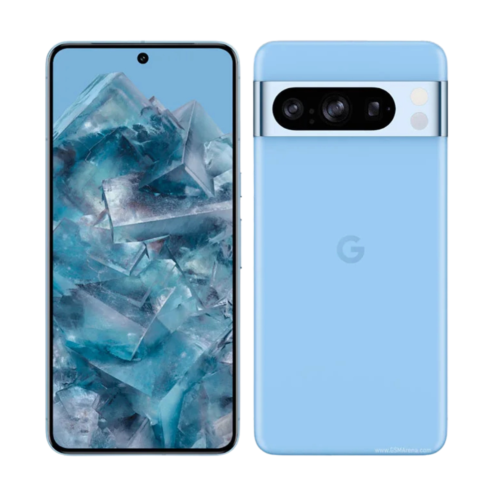 Google Pixel 8 bleu remis à neuf, vue avant et arrière