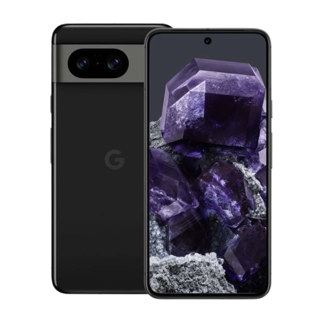 Google Pixel 8 noir remis à neuf, vue avant et arrière