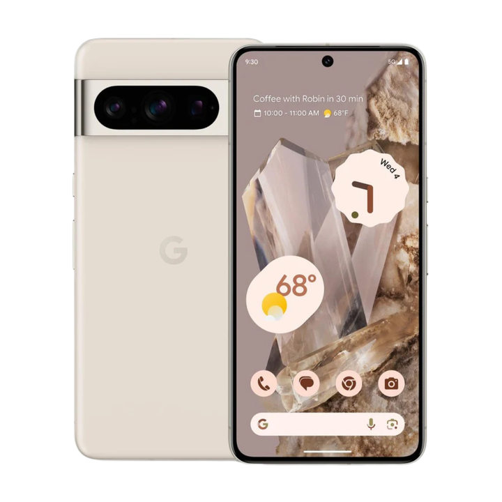 Google Pixel 8 Pro blanc remis à neuf, vue avant et arrière