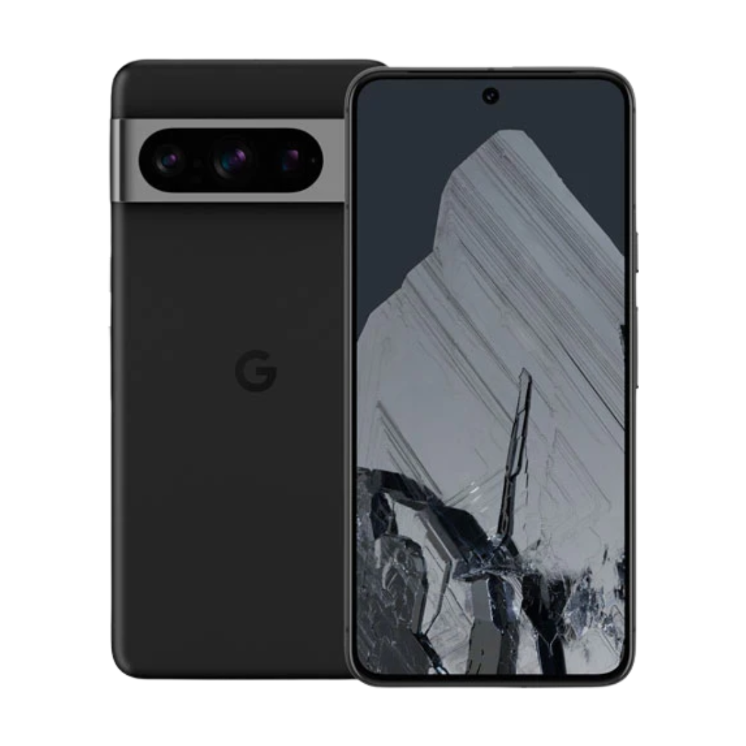 Google Pixel 8 Pro noir remis à neuf, vue avant et arrière
