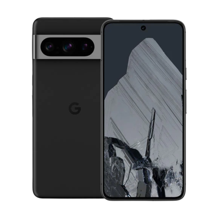 Google Pixel 8 Pro noir remis à neuf, vue avant et arrière