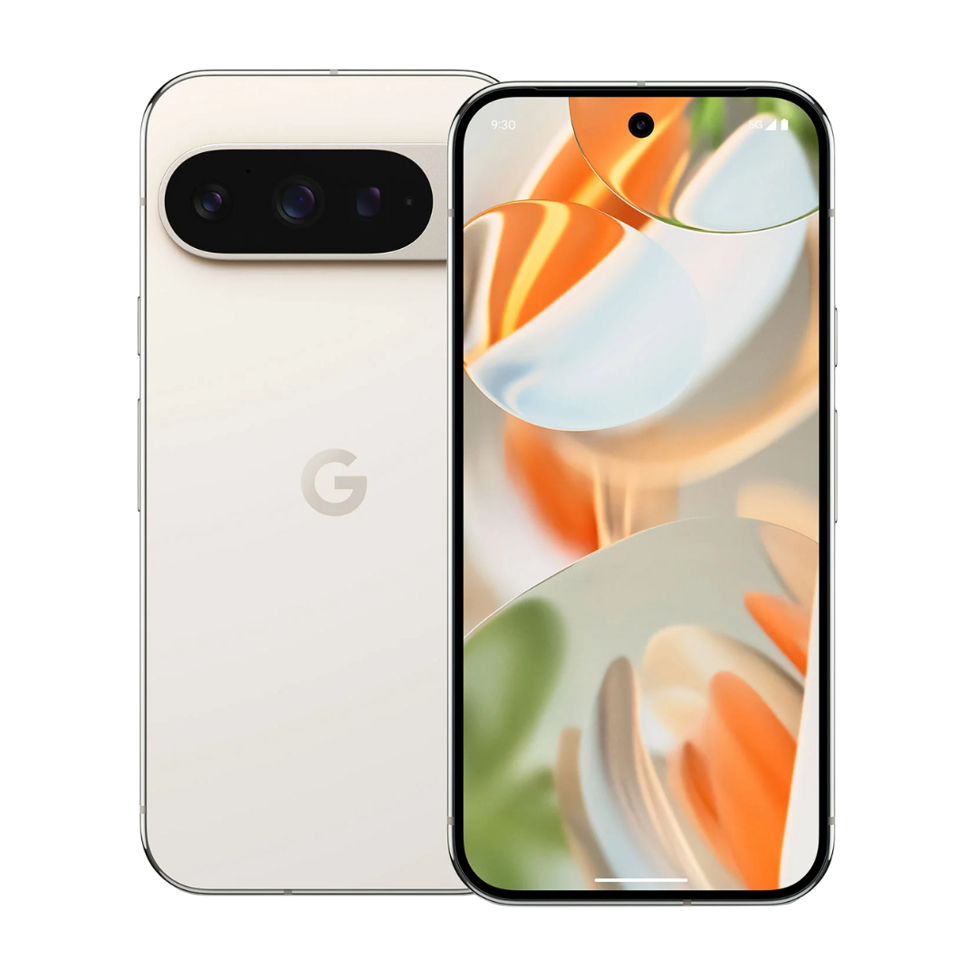 Google Pixel 9 Pro blanc remis à neuf, vue avant et arrière