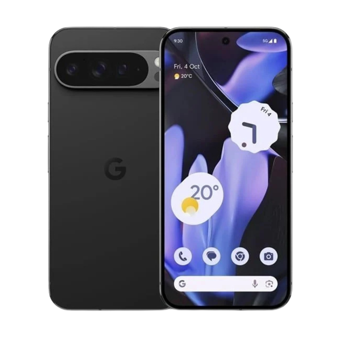 Google Pixel 9 Pro noir remis à neuf, vue avant et arrière