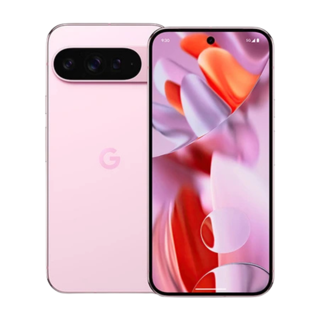 Google Pixel 9 Pro rose remis à neuf, vue avant et arrière